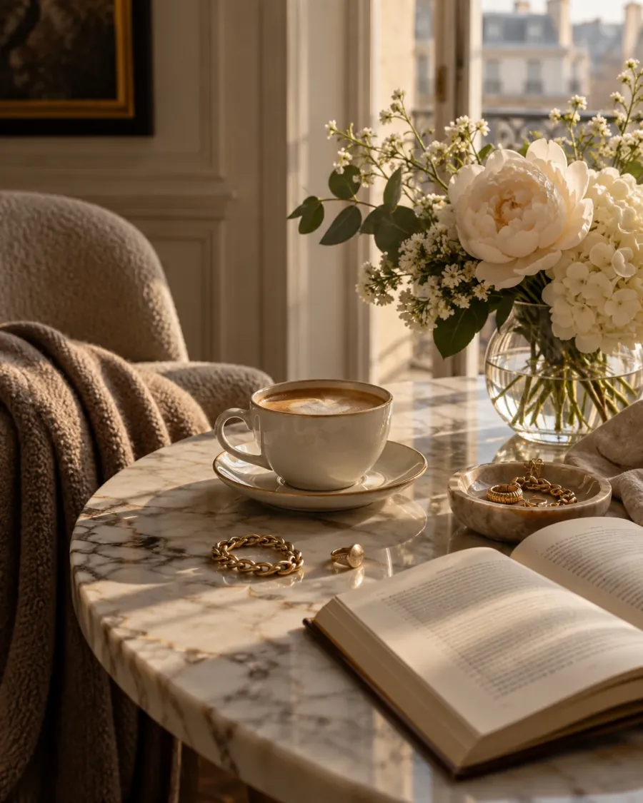Close-up of a travertine side table and a bouclé armchair in soft light