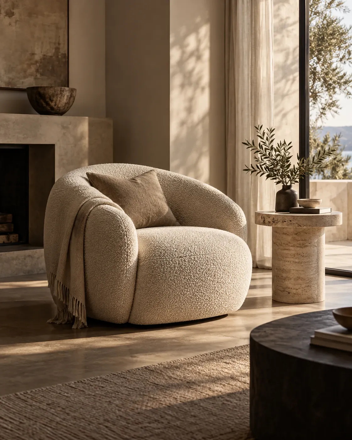 A warm living room with a sculptural sofa and evening light