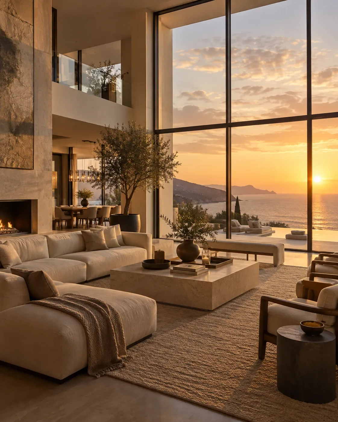 Grand living room with floor-to-ceiling windows facing the sea at sunset