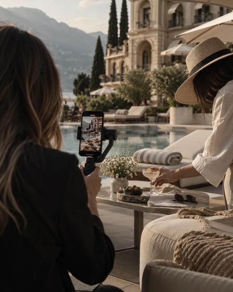 Content creator filming a poolside scene at a luxury hotel with a phone on a gimbal