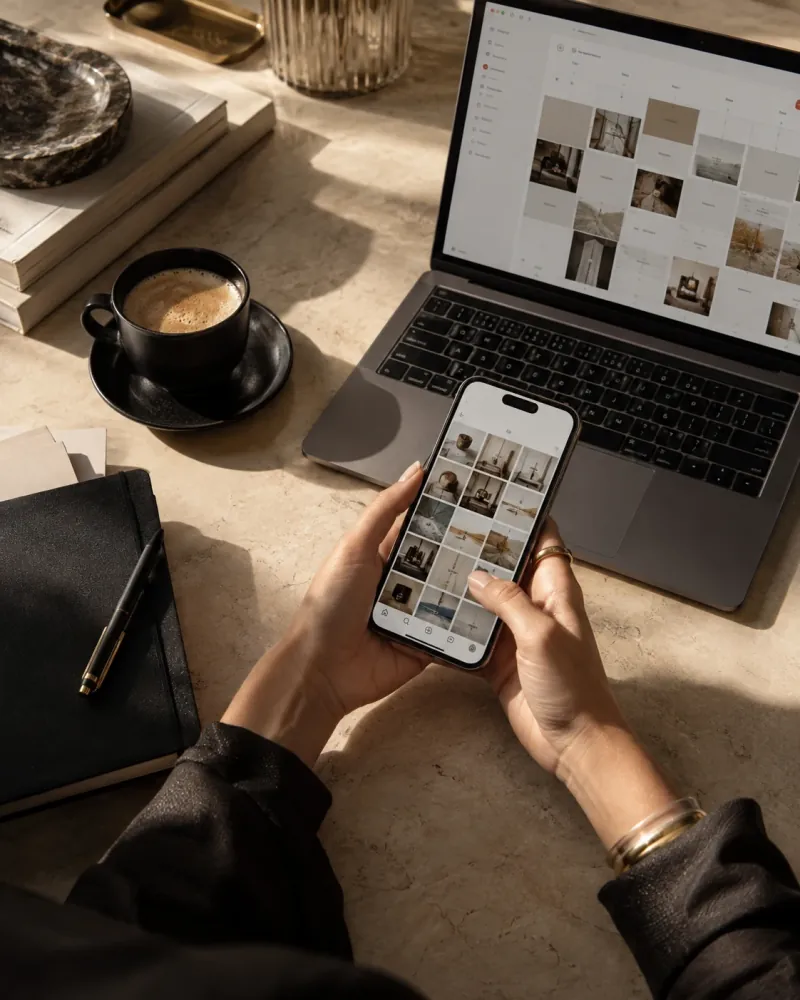 Hands holding a phone with a content grid next to a laptop and a cup of coffee