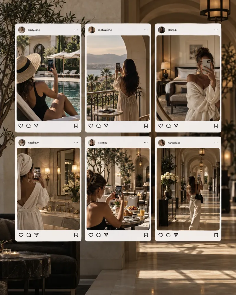 Grid of Instagram posts by content creators at a luxury hotel