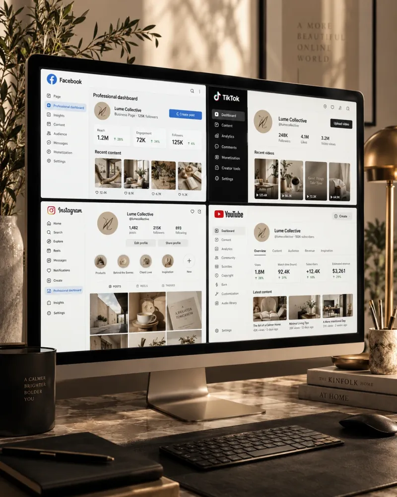 Desktop screen with Facebook, Instagram, TikTok and YouTube account dashboards