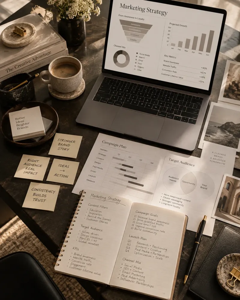 Laptop showing a marketing strategy chart beside a notebook and planning notes