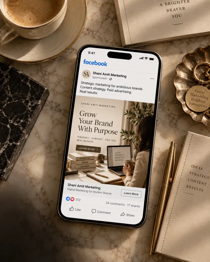 Phone showing a sponsored Facebook ad on a desk with notebooks and coffee